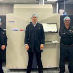Simon Bates, Andy Tucker and Stuart Fuoco from ProPrint; and Stuart Morrison from SCREEN Europe with the new Truepress Jet L350 SAI S