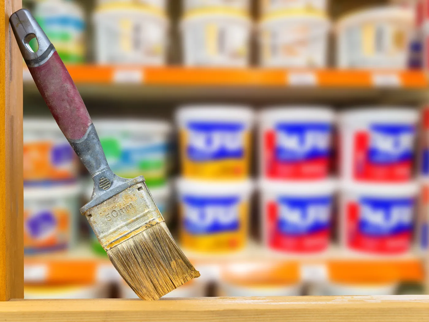 Tins of paint in a shop